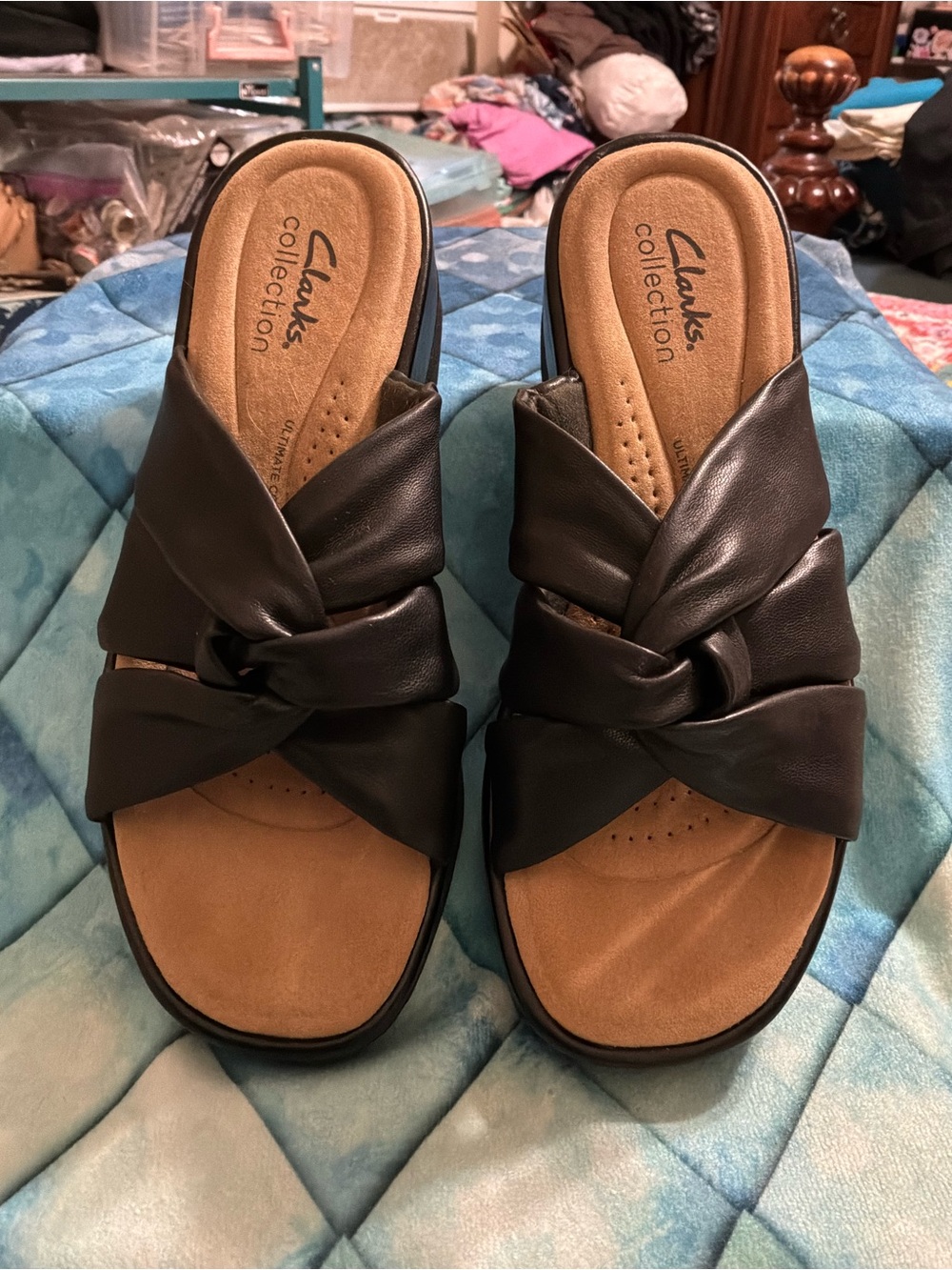 Clarks Black Knotted Leather Slide Wedge